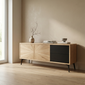 Szafka dębowa rtv Amanecer z frezowanymi frontami i szufladami