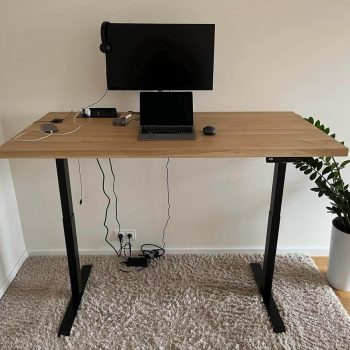 regulowane biurko dębowe z komputerem i kwiatkiem